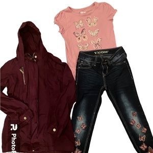 Cute butterfly jeans with matching blouse along with a jacket